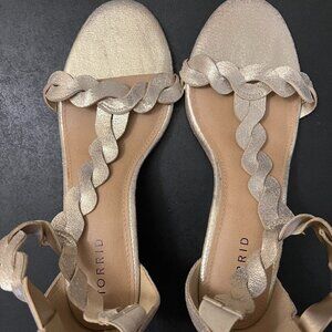 Torrid, womens, gold sandals with wedge heel, size 8.5W